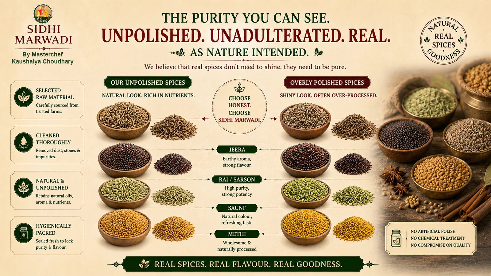 Unpolished whole spices quality guide by Sidhi Marwadi with natural jeera rai saunf methi and traditional Indian spices